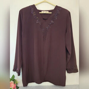 Jacques Vert Brown Bead Embellished Zig Zag Blouse, Size‎ 10 US